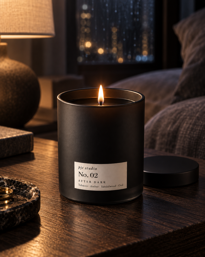 Lit pjc studio No. 02 After Dark candle in a warm midnight hotel suite