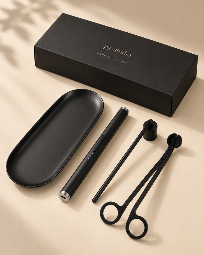 pjc studio four-piece matte black Candle Care Kit with wick trimmer, snuffer, rechargeable USB lighter and tray