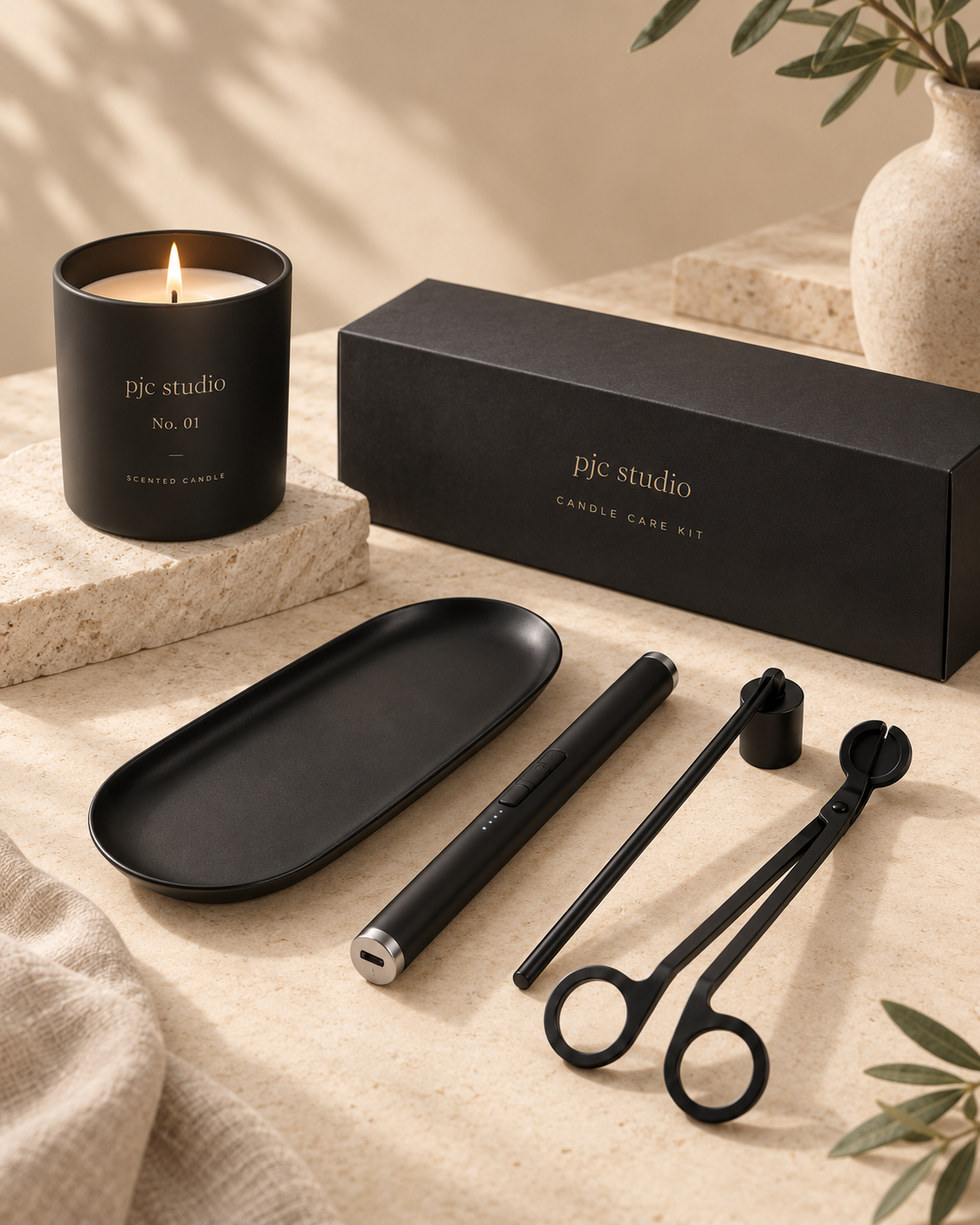 pjc studio four-piece matte black Candle Care Kit for trimming, lighting and extinguishing candles