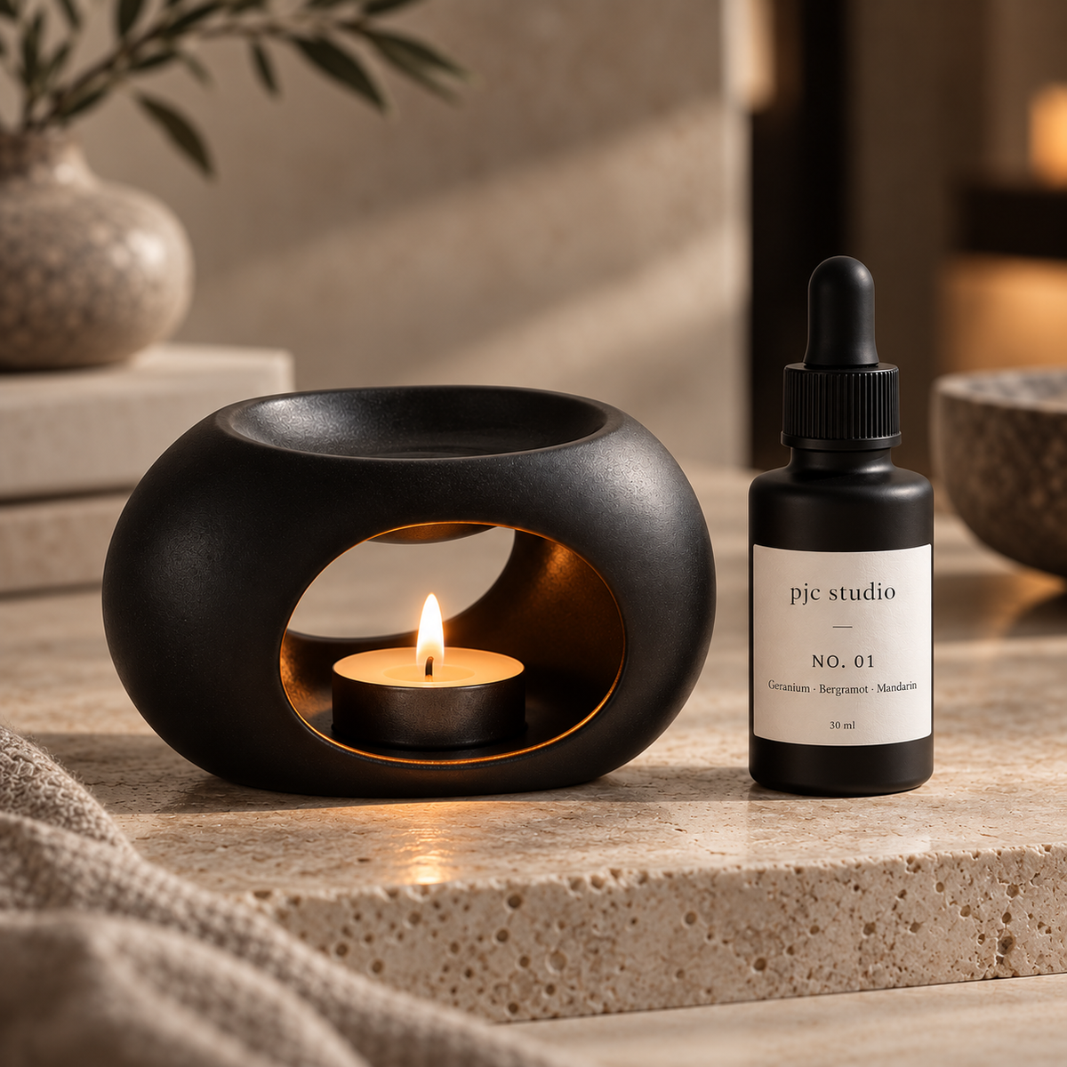 No. 01 Oil Burner Ritual Set with Geranium, Bergamot and Mandarin home fragrance oil