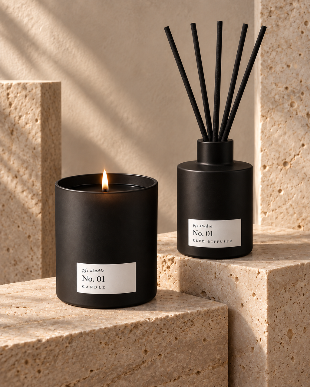 Example pjc studio candle and reed diffuser set in Signature. Choose each fragrance separately.