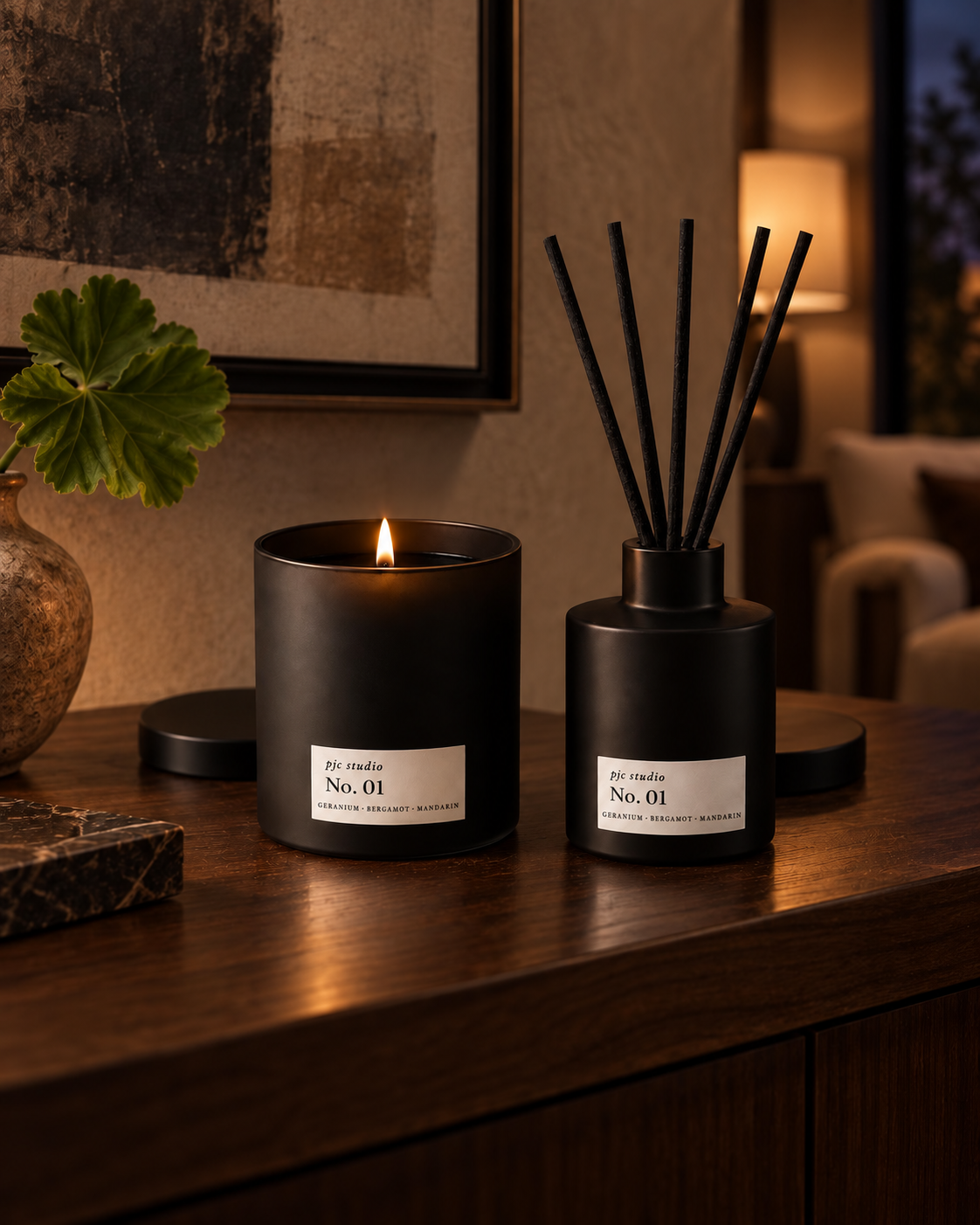 pjc studio No. 01 Signature candle and reed diffuser styled in a warm considered interior