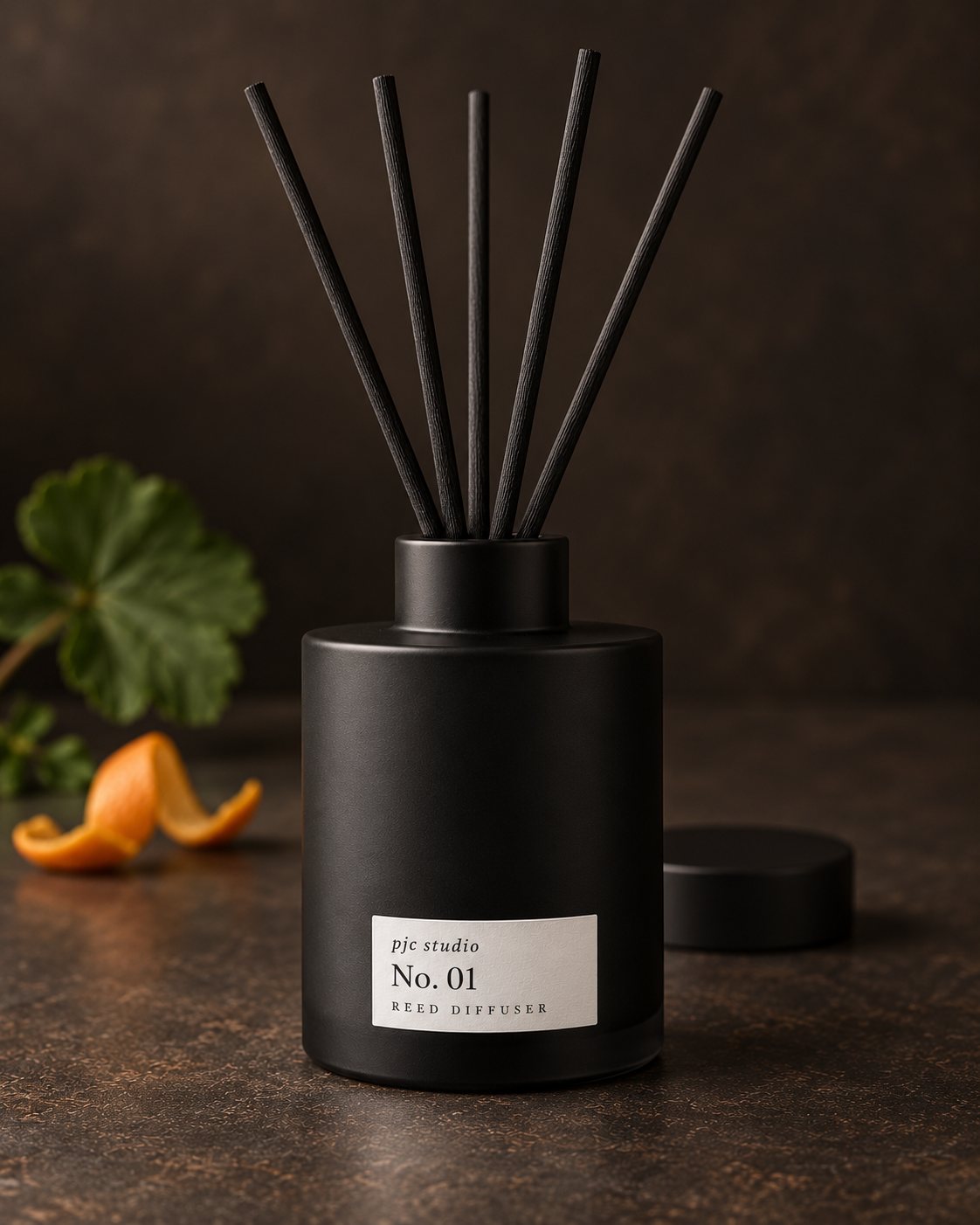 pjc studio No. 01 Signature reed diffuser with five black fibre reeds