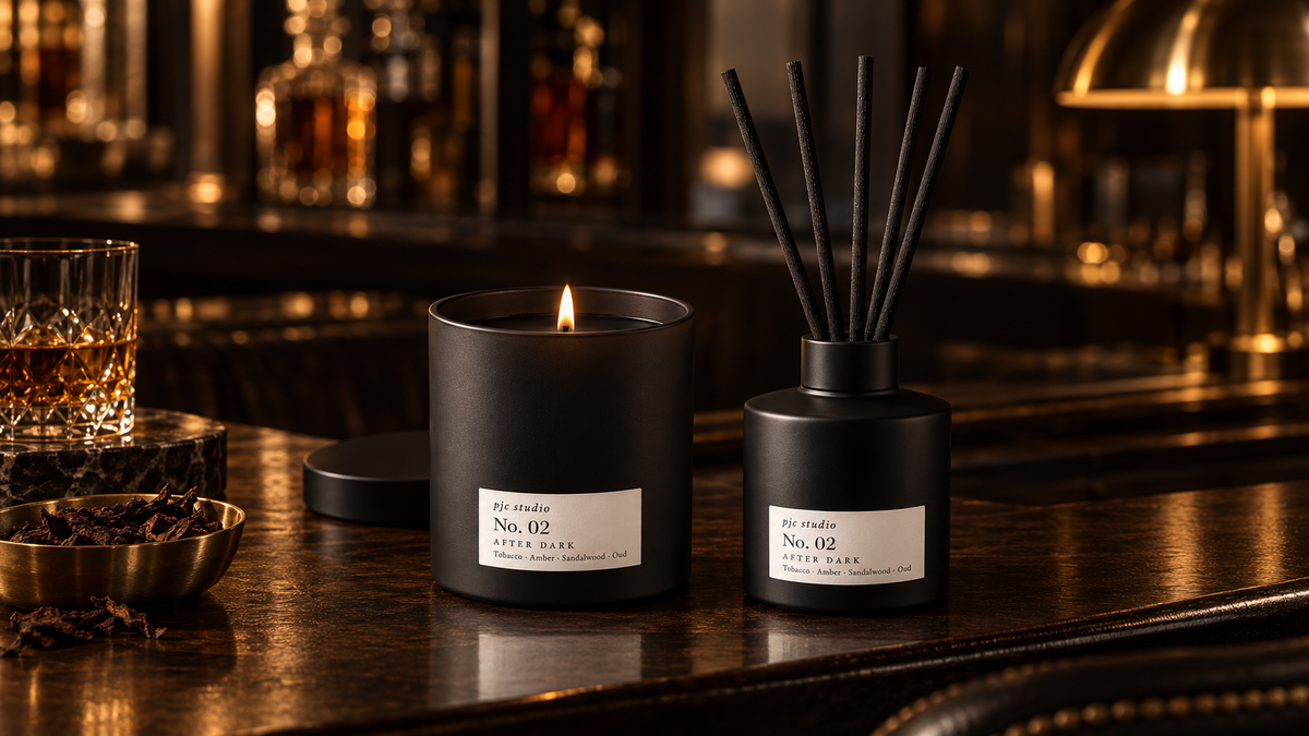 pjc studio No. 02 After Dark candle and reed diffuser on a late-night hotel bar