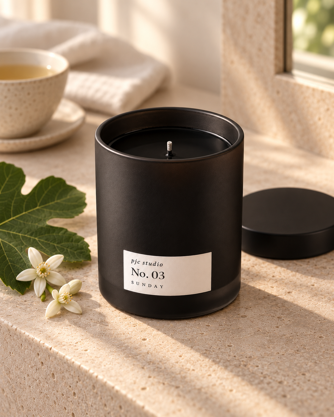 Unlit pjc studio No. 03 Sunday candle showing black wax beside fig leaf, neroli and tea